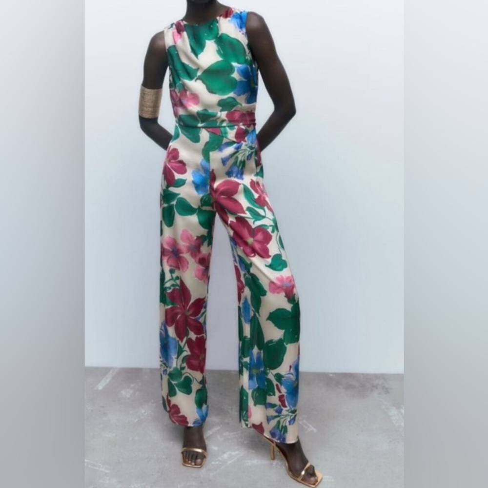 Zara Long Floral Satin Wide-Leg Jumpsuit Size Large - Picture 8 of 9